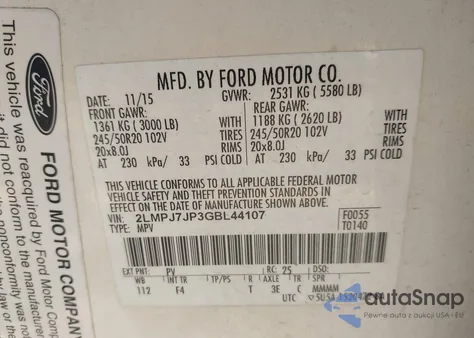 2016 Lincoln Mkx Black Label z USA, uszkodzony, nr VIN 2LMPJ7JP3GBL44107